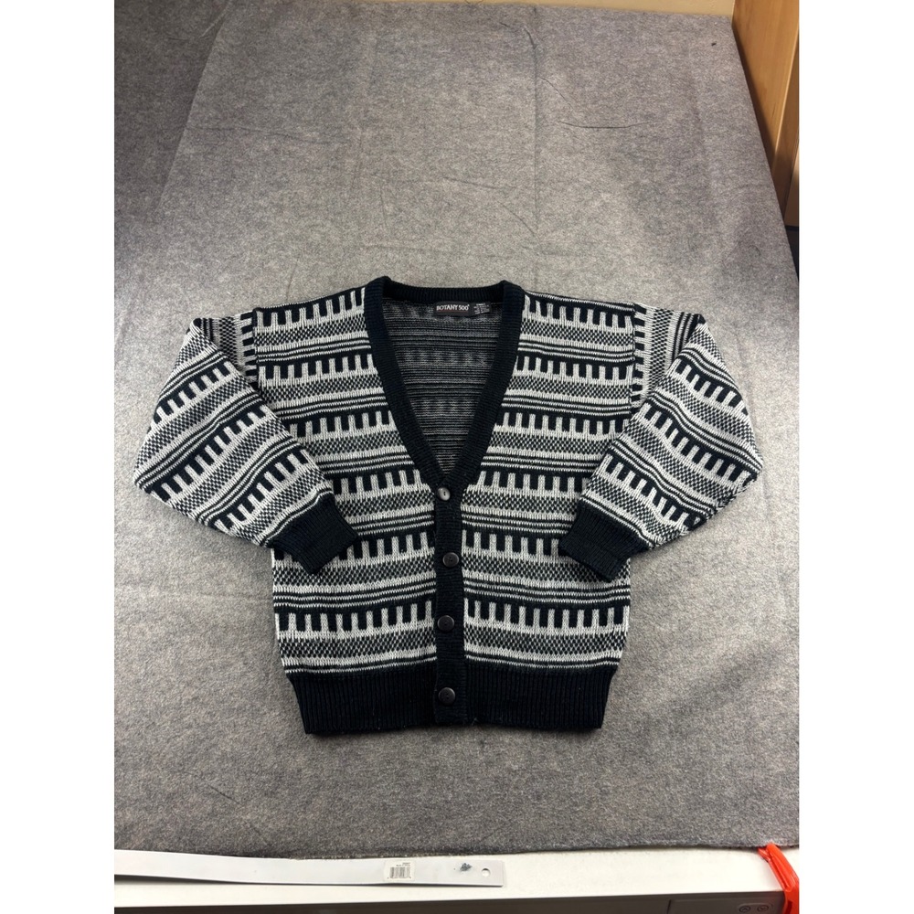 VTG Botany 500 Black White Geometric Knit Cardigan Sweater Mens S Preppy 80s